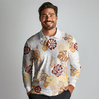 Brown Aloha Hawaiian Long Sleeve Polo Shirt Monstera Hibiscus Tropical Pattern LT19 - Polynesian Pride