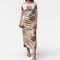 Brown Aloha Hawaiian Puletasi Monstera Hibiscus Tropical Pattern LT19 Long Dress Brown - Polynesian Pride