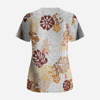 Brown Aloha Hawaiian Scrub Top Monstera Hibiscus Tropical Pattern LT19 - Polynesian Pride