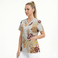 Brown Aloha Hawaiian Scrub Top Monstera Hibiscus Tropical Pattern LT19 - Polynesian Pride