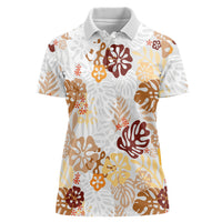 Brown Aloha Hawaiian Women Polo Shirt Monstera Hibiscus Tropical Pattern