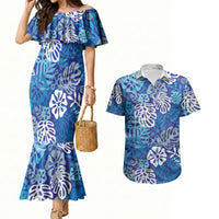 Blue Aloha Hawaiian Couples Matching Mermaid Dress and Hawaiian Shirt Monstera Hibiscus Tropical Pattern LT19 Blue - Polynesian Pride