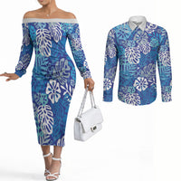 Blue Aloha Hawaiian Couples Matching Off The Shoulder Long Sleeve Dress and Long Sleeve Button Shirt Monstera Hibiscus Tropical Pattern LT19 Blue - Polynesian Pride