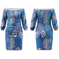 Blue Aloha Hawaiian Couples Matching Off The Shoulder Long Sleeve Dress and Long Sleeve Button Shirt Monstera Hibiscus Tropical Pattern LT19 - Polynesian Pride