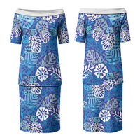 Blue Aloha Hawaiian Couples Matching Puletasi and Long Sleeve Button Shirt Monstera Hibiscus Tropical Pattern
