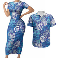 Blue Aloha Hawaiian Couples Matching Short Sleeve Bodycon Dress and Hawaiian Shirt Monstera Hibiscus Tropical Pattern