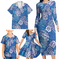 Blue Aloha Hawaiian Family Matching Long Sleeve Bodycon Dress and Hawaiian Shirt Monstera Hibiscus Tropical Pattern LT19 - Polynesian Pride