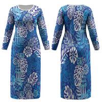 Blue Aloha Hawaiian Family Matching Long Sleeve Bodycon Dress and Hawaiian Shirt Monstera Hibiscus Tropical Pattern LT19 Mom's Dress Blue - Polynesian Pride