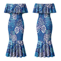 Blue Aloha Hawaiian Family Matching Mermaid Dress and Hawaiian Shirt Monstera Hibiscus Tropical Pattern LT19 Mom's Dress Blue - Polynesian Pride