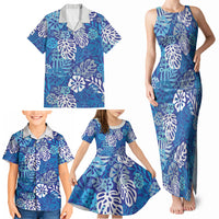 Blue Aloha Hawaiian Family Matching Tank Maxi Dress and Hawaiian Shirt Monstera Hibiscus Tropical Pattern LT19 - Polynesian Pride