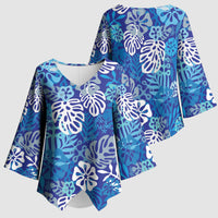 Blue Aloha Hawaiian Kimono Sleeve Blouse Monstera Hibiscus Tropical Pattern LT19 - Polynesian Pride