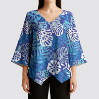 Blue Aloha Hawaiian Kimono Sleeve Blouse Monstera Hibiscus Tropical Pattern LT19 - Polynesian Pride