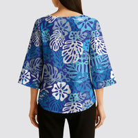 Blue Aloha Hawaiian Kimono Sleeve Blouse Monstera Hibiscus Tropical Pattern LT19 - Polynesian Pride