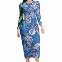 Blue Aloha Hawaiian Long Sleeve Bodycon Dress Monstera Hibiscus Tropical Pattern LT19 Long Dress Blue - Polynesian Pride