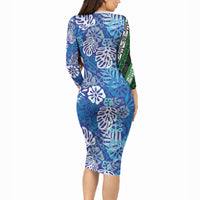Blue Aloha Hawaiian Long Sleeve Bodycon Dress Monstera Hibiscus Tropical Pattern LT19 - Polynesian Pride