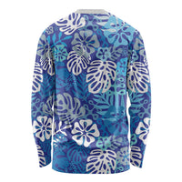 Blue Aloha Hawaiian Long Sleeve Shirt Monstera Hibiscus Tropical Pattern LT19 - Polynesian Pride