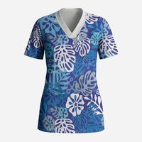 Blue Aloha Hawaiian Scrub Top Monstera Hibiscus Tropical Pattern LT19 Adult Blue - Polynesian Pride