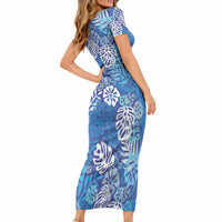 Blue Aloha Hawaiian Short Sleeve Bodycon Dress Monstera Hibiscus Tropical Pattern