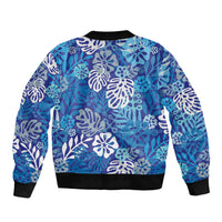 Blue Aloha Hawaiian Sleeve Zip Bomber Jacket Monstera Hibiscus Tropical Pattern LT19 - Polynesian Pride