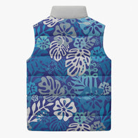 Blue Aloha Hawaiian Sleeveless Puffer Jacket Monstera Hibiscus Tropical Pattern LT19 - Polynesian Pride