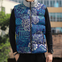 Blue Aloha Hawaiian Sleeveless Puffer Jacket Monstera Hibiscus Tropical Pattern LT19 - Polynesian Pride