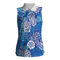 Blue Aloha Hawaiian Women Sleeveless Polo Shirt Monstera Hibiscus Tropical Pattern