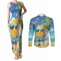 Funny Hawaii Mango Couples Matching Tank Maxi Dress and Long Sleeve Button Shirt Tropical Summer Beach Mascot Vacation LT19 Blue - Polynesian Pride