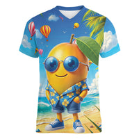 Funny Hawaii Mango Women V-Neck T-Shirt Tropical Summer Beach Mascot Vacation LT19 Female Blue - Polynesian Pride