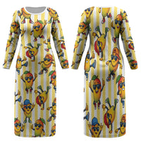 Funny Hawaii Mango Hip Hop Cartoon Family Matching Long Sleeve Bodycon Dress and Hawaiian Shirt Summer Beach Party LT19 Mom's Dress Yellow - Polynesian Pride
