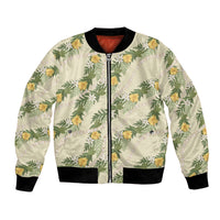 Hawaiian Pikake Maile Lei Bomber Jacket Tiare Hibiscus Kalo Palapalai Leaf Beige