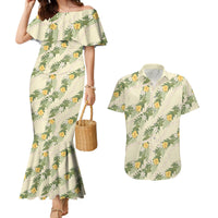 Hawaiian Pikake Maile Lei Couples Matching Mermaid Dress and Hawaiian Shirt Tiare Hibiscus Kalo Palapalai Leaf Beige
