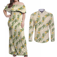 Hawaiian Pikake Maile Lei Couples Matching Off Shoulder Maxi Dress and Long Sleeve Button Shirt Tiare Hibiscus Kalo Palapalai Leaf Beige