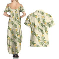 Hawaiian Pikake Maile Lei Couples Matching Summer Maxi Dress and Hawaiian Shirt Tiare Hibiscus Kalo Palapalai Leaf Beige