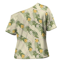 Hawaiian Pikake Maile Lei Cross Shoulder Shirt Tiare Hibiscus Kalo Palapalai Leaf Beige