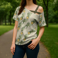 Hawaiian Pikake Maile Lei Cross Shoulder Shirt Tiare Hibiscus Kalo Palapalai Leaf Beige