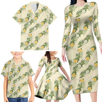 Hawaiian Pikake Maile Lei Family Matching Long Sleeve Bodycon Dress and Hawaiian Shirt Tiare Hibiscus Kalo Palapalai Leaf Beige
