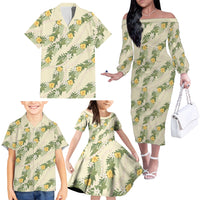 Hawaiian Pikake Maile Lei Family Matching Off The Shoulder Long Sleeve Dress and Hawaiian Shirt Tiare Hibiscus Kalo Palapalai Leaf Beige LT19 - Polynesian Pride