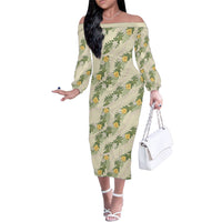 Hawaiian Pikake Maile Lei Family Matching Off The Shoulder Long Sleeve Dress and Hawaiian Shirt Tiare Hibiscus Kalo Palapalai Leaf Beige LT19 Mom's Dress Beige - Polynesian Pride