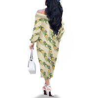 Hawaiian Pikake Maile Lei Family Matching Off The Shoulder Long Sleeve Dress and Hawaiian Shirt Tiare Hibiscus Kalo Palapalai Leaf Beige LT19 - Polynesian Pride