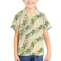 Hawaiian Pikake Maile Lei Family Matching Off The Shoulder Long Sleeve Dress and Hawaiian Shirt Tiare Hibiscus Kalo Palapalai Leaf Beige LT19 Son's Shirt Beige - Polynesian Pride