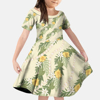 Hawaiian Pikake Maile Lei Family Matching Short Sleeve Bodycon Dress and Hawaiian Shirt Tiare Hibiscus Kalo Palapalai Leaf Beige LT19 Daughter's Dress Beige - Polynesian Pride
