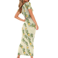 Hawaiian Pikake Maile Lei Family Matching Short Sleeve Bodycon Dress and Hawaiian Shirt Tiare Hibiscus Kalo Palapalai Leaf Beige LT19 - Polynesian Pride