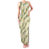 Hawaiian Pikake Maile Lei Family Matching Tank Maxi Dress and Hawaiian Shirt Tiare Hibiscus Kalo Palapalai Leaf Beige