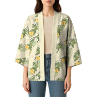 Hawaiian Pikake Maile Lei Kimono Tiare Hibiscus Kalo Palapalai Leaf Beige