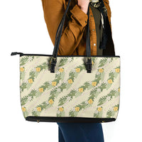 Hawaiian Pikake Maile Lei Leather Tote Bag Tiare Hibiscus Kalo Palapalai Leaf Beige