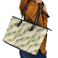 Hawaiian Pikake Maile Lei Leather Tote Bag Tiare Hibiscus Kalo Palapalai Leaf Beige
