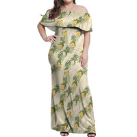 Hawaiian Pikake Maile Lei Off Shoulder Maxi Dress Tiare Hibiscus Kalo Palapalai Leaf Beige LT19 Women Beige - Polynesian Pride