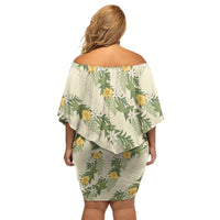 Hawaiian Pikake Maile Lei Off Shoulder Short Dress Tiare Hibiscus Kalo Palapalai Leaf Beige LT19 - Polynesian Pride