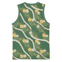 Hawaiian Pikake Maile Lei Basketball Jersey Tiare Hibiscus Kalo Palapalai Leaf Green