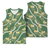 Hawaiian Pikake Maile Lei Basketball Jersey Tiare Hibiscus Kalo Palapalai Leaf Green
